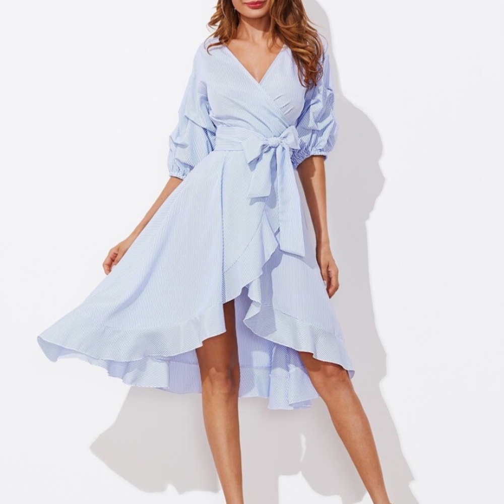 V Neck Blue Striped Wrap Dress Medium